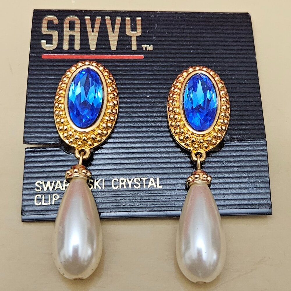 SAVVY Gold-tone Blue Crystal Faux Pearl Drop Clip Earrings